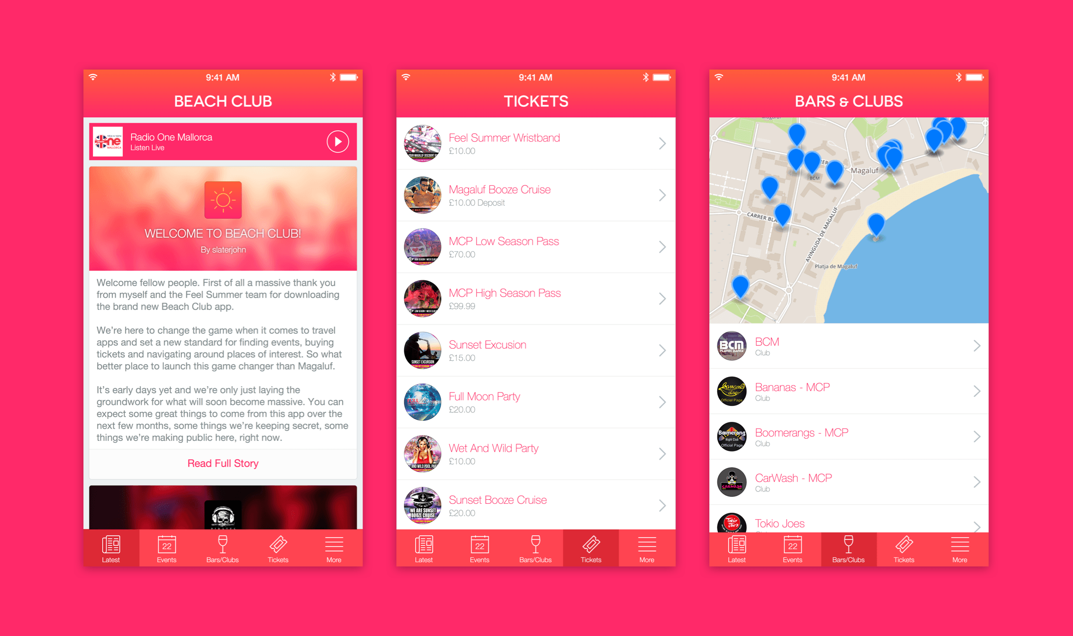 Three iPhone screens of the Beach Club app: news feed, event tickets list and Magaluf bars map