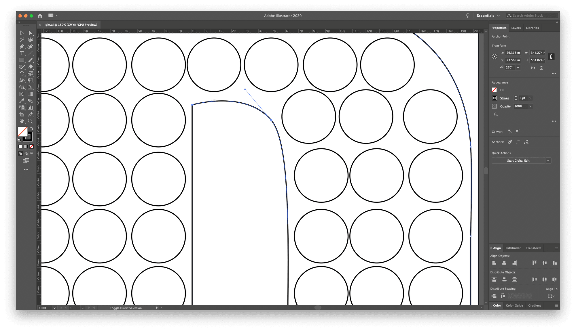 Adobe Illustrator screenshot of the K letterform path being traced among rows of bulb-hole circles