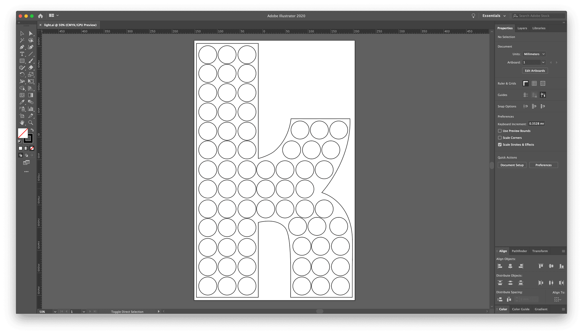 Adobe Illustrator file of a letter K outline filled with rows of circular bulb holes