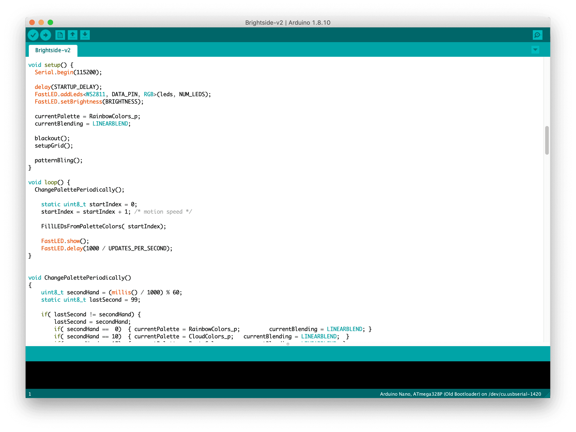 Arduino IDE showing the FastLED sketch used to control the sign’s LEDs
