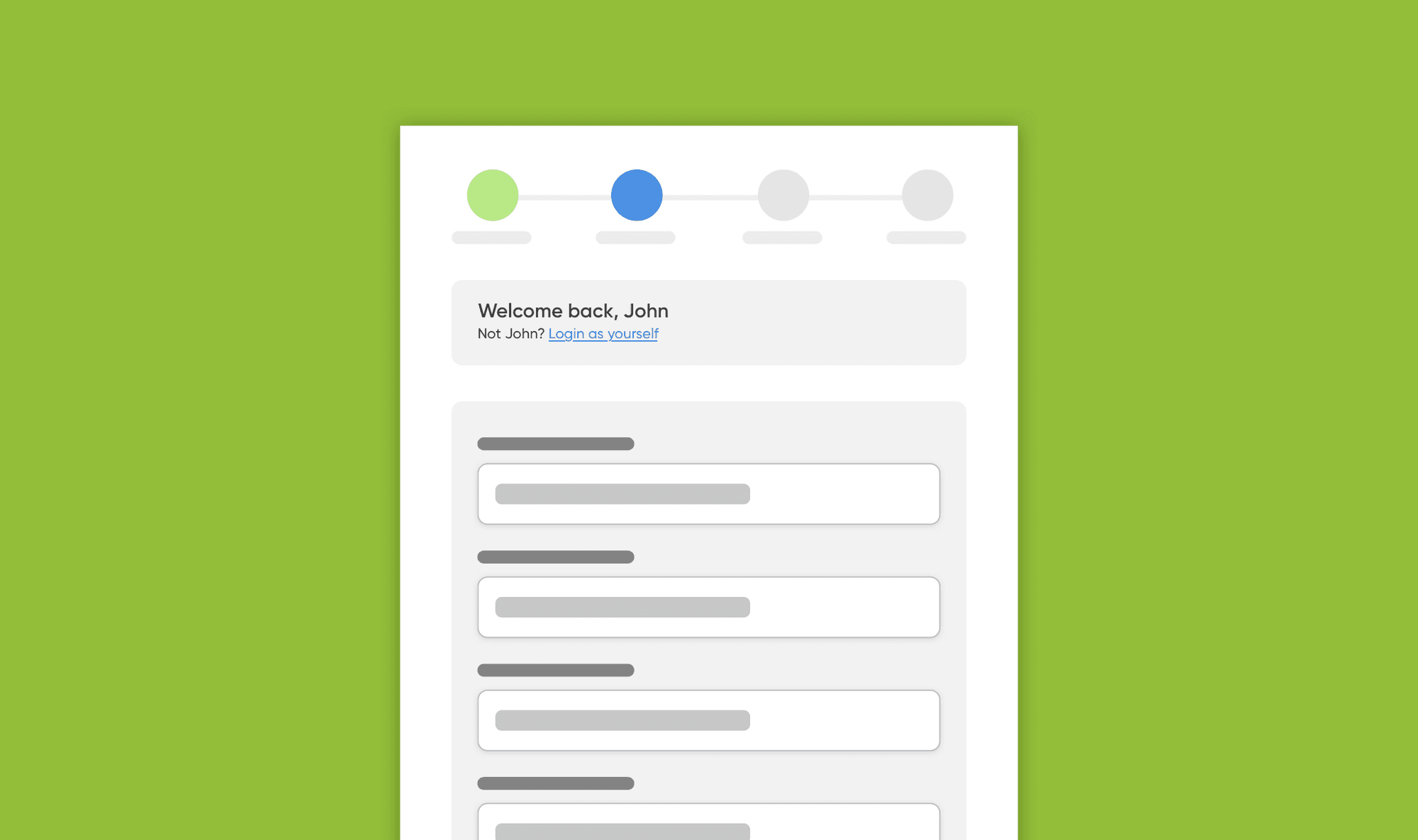 Checkout details step wireframe greeting ‘Welcome back, John’ with pre-filled fields and a progress indicator