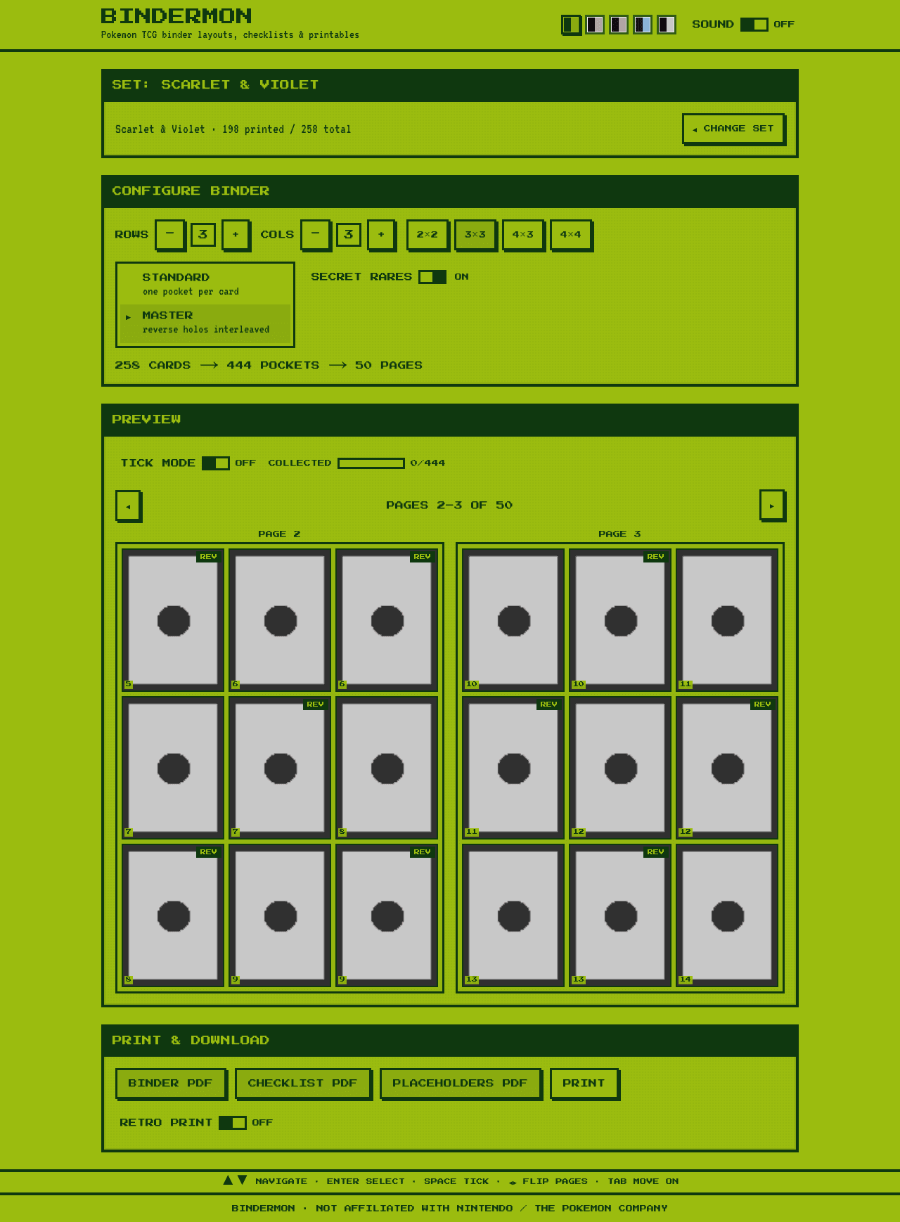 The Nomekop builder in Game Boy green, showing set selection, binder grid options and a card preview
