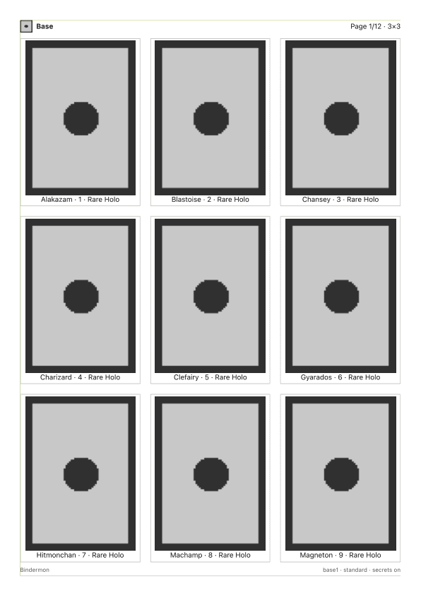 A generated A4 PDF binder page with a 3×3 grid of Pokémon cards, holo badges visible