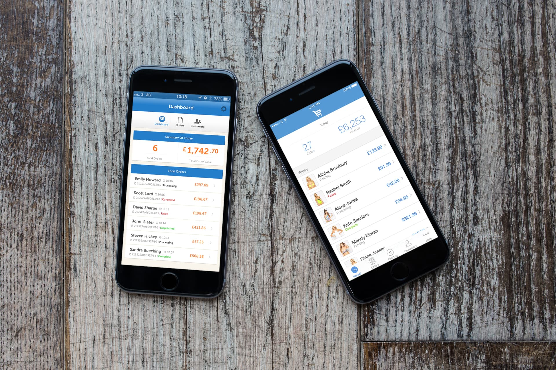 Two iPhones on a wooden table running the EKM app, showing order lists and daily sales totals