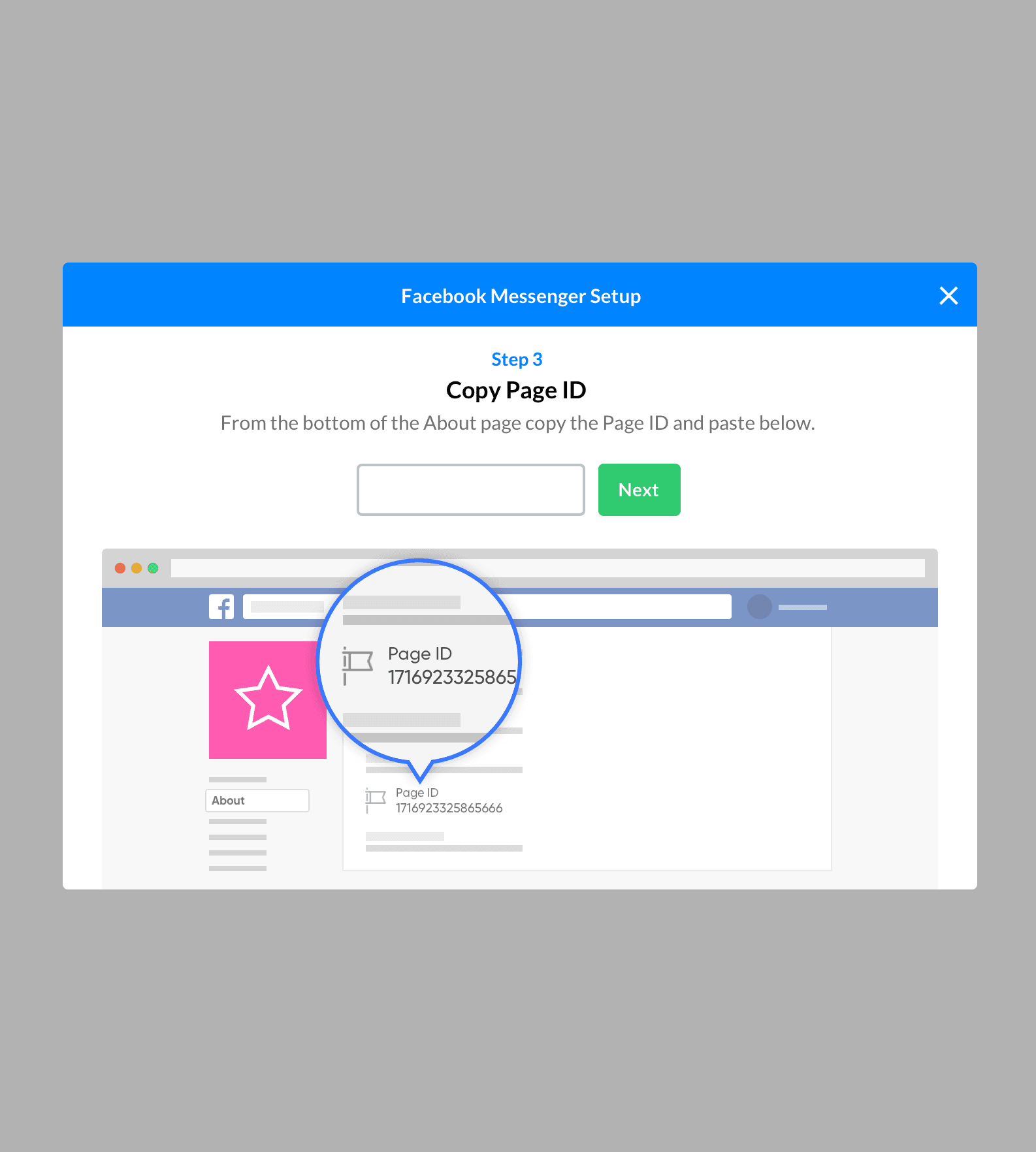 Wizard step three, Copy Page ID, showing where to find the Page ID on a Facebook About page