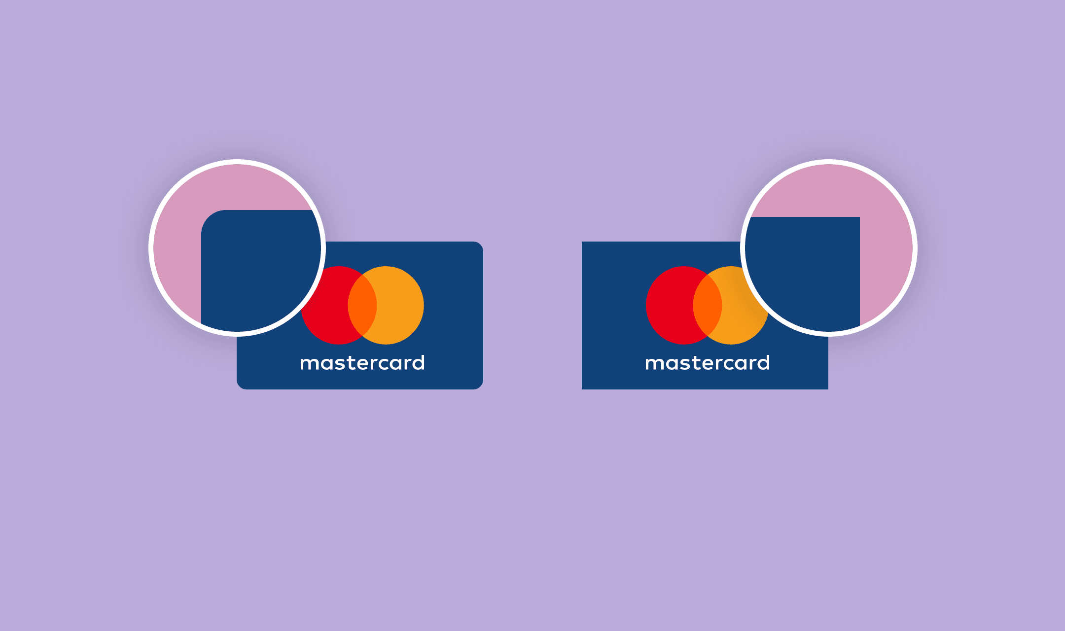 Two Mastercard icon styles compared, with magnified detail of rounded and square corners