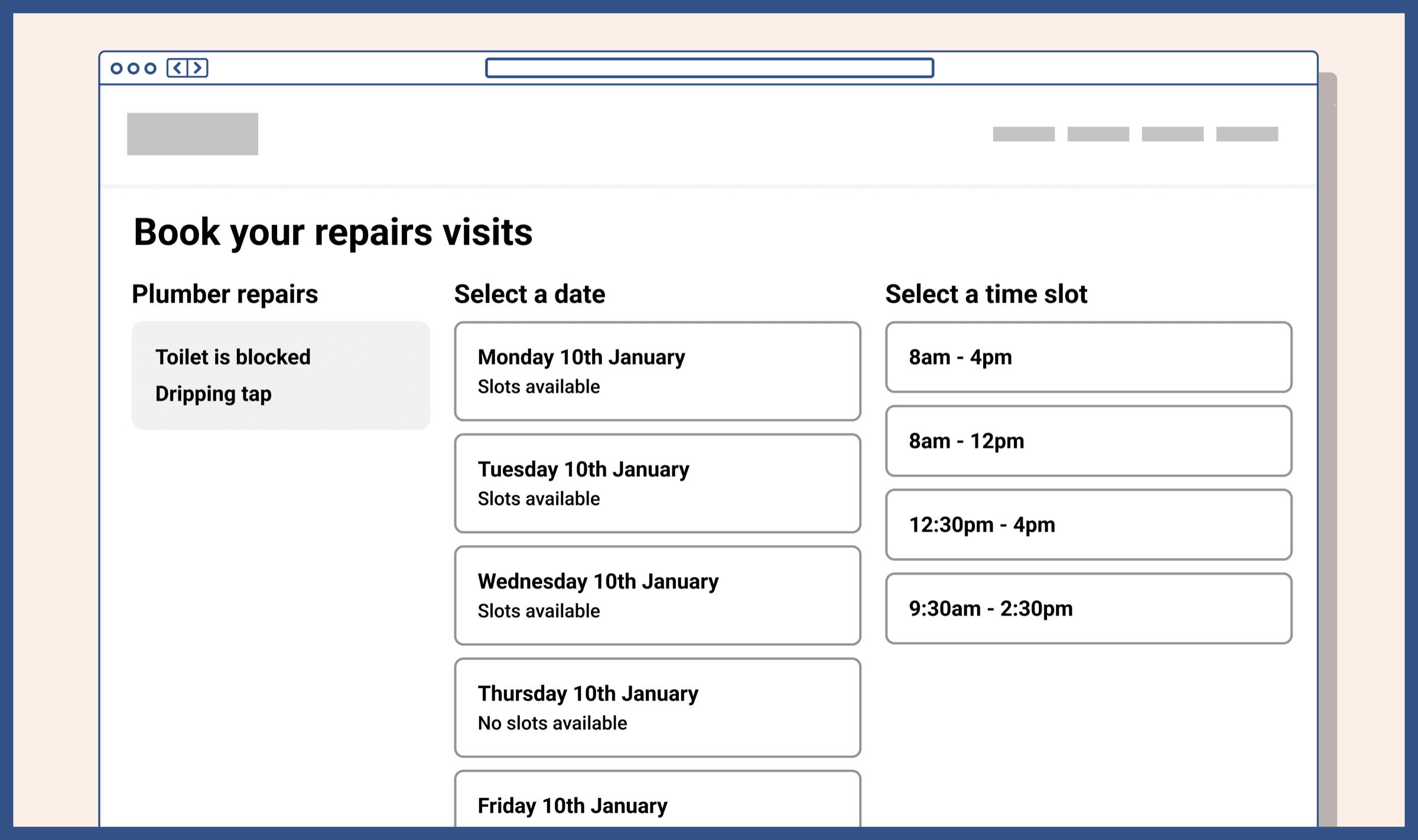 ‘Book your repairs visits’ screen showing plumber repairs, date choices and time slot options